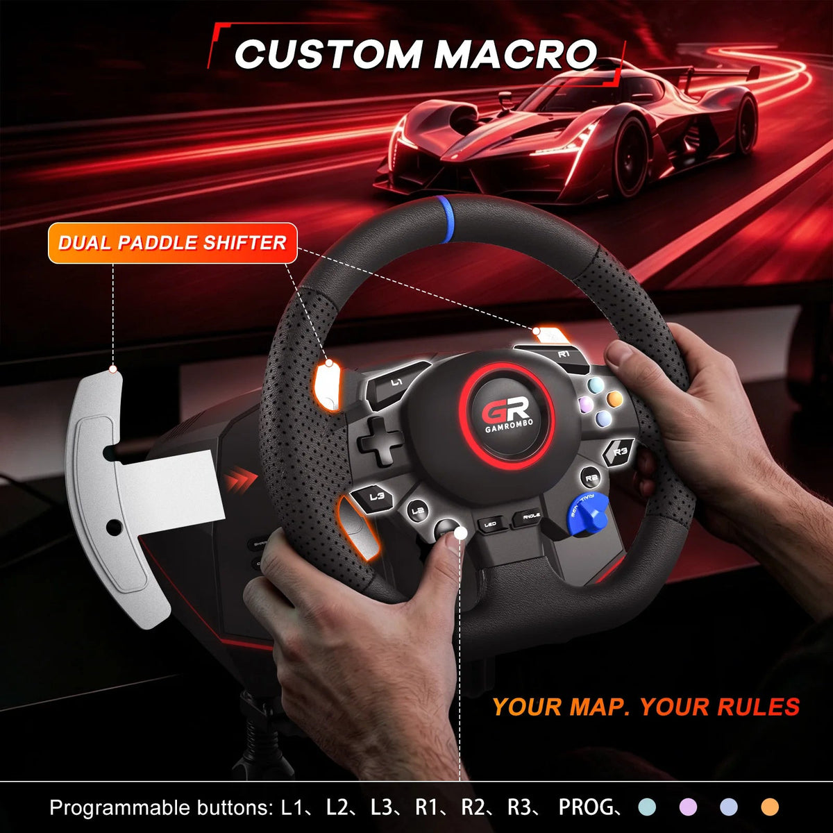 RGB Sim Racing Steering Wheel Set for PS5, PS4 & PC – 270°/900° Rotation, Vibration Feedback, Macro Buttons, 3 Hall Effect Pedals & Gear Shifter - Apex DriverAccessoire de sim-racingApex Driver