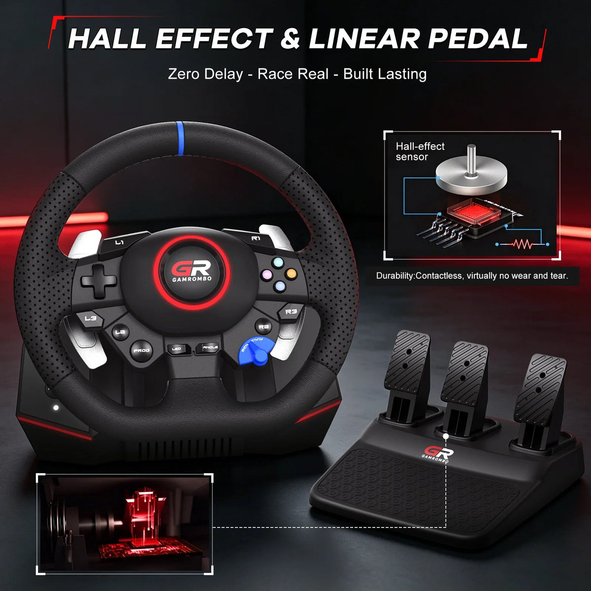 RGB Sim Racing Steering Wheel Set for PS5, PS4 & PC – 270°/900° Rotation, Vibration Feedback, Macro Buttons, 3 Hall Effect Pedals & Gear Shifter - Apex DriverAccessoire de sim-racingApex Driver