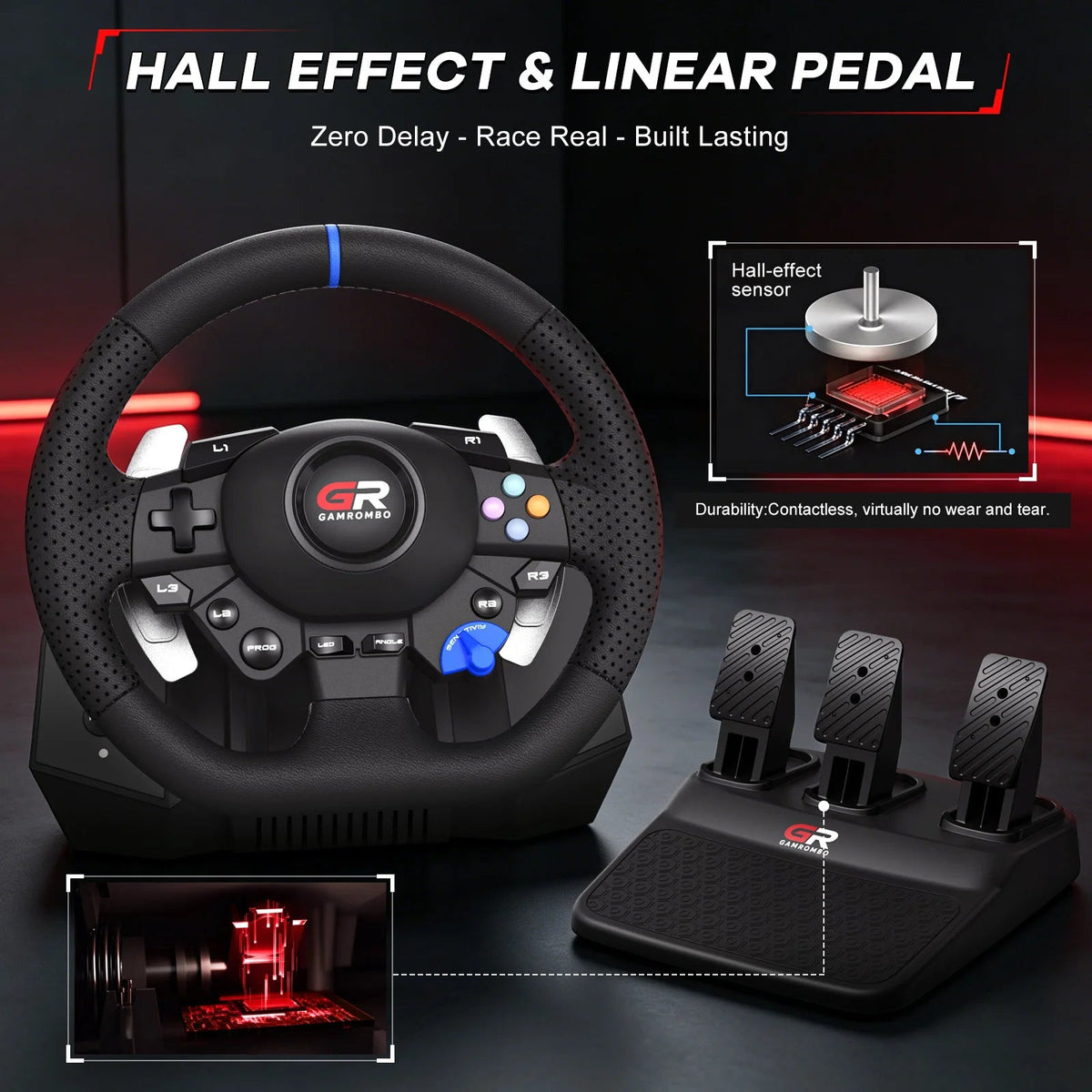 RGB Sim Racing Steering Wheel Set for PS5, PS4 & PC – 270°/900° Rotation, Vibration Feedback, Macro Buttons, 3 Hall Effect Pedals & Gear Shifter - Apex DriverAccessoire de sim-racingApex Driver