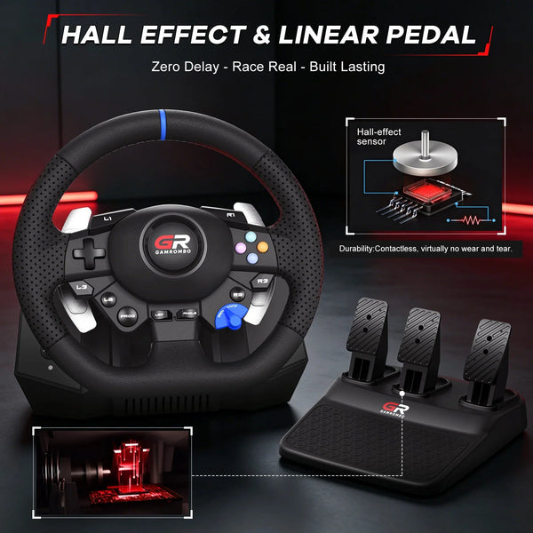 RGB Sim Racing Steering Wheel Set for PS5, PS4 & PC – 270°/900° Rotation, Vibration Feedback, Macro Buttons, 3 Hall Effect Pedals & Gear Shifter - Apex DriverAccessoire de sim-racingApex Driver