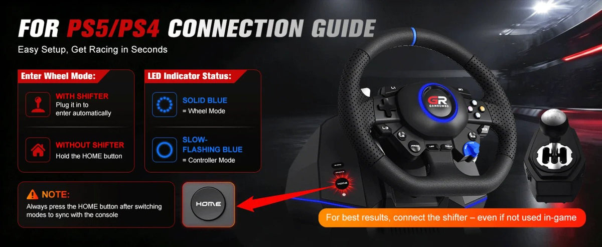 RGB Sim Racing Steering Wheel Set for PS5, PS4 & PC – 270°/900° Rotation, Vibration Feedback, Macro Buttons, 3 Hall Effect Pedals & Gear Shifter - Apex DriverAccessoire de sim-racingApex Driver