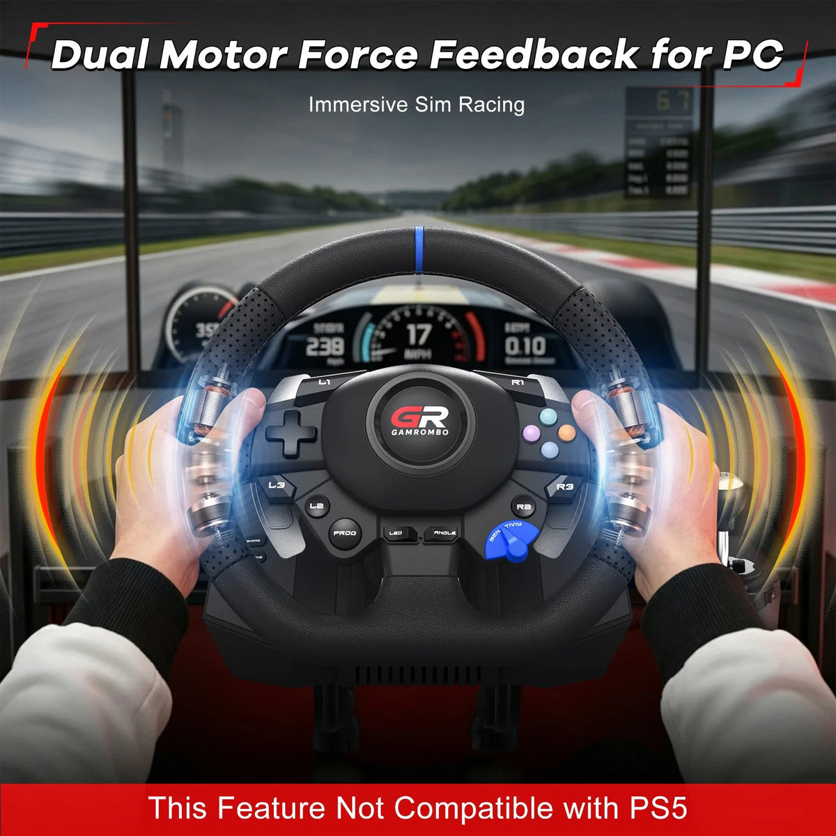 RGB Sim Racing Steering Wheel Set for PS5, PS4 & PC – 270°/900° Rotation, Vibration Feedback, Macro Buttons, 3 Hall Effect Pedals & Gear Shifter - Apex DriverAccessoire de sim-racingApex Driver