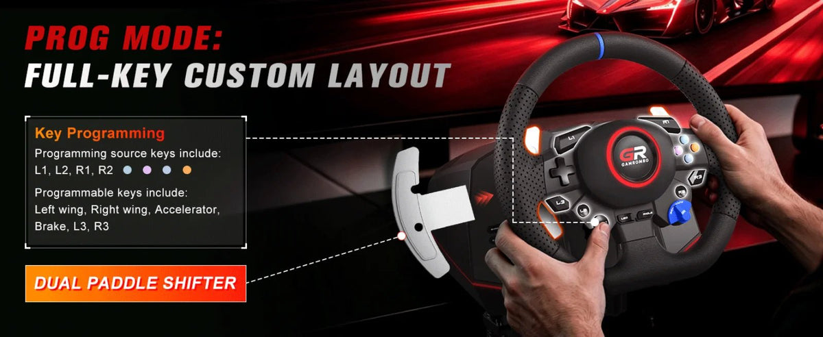 RGB Sim Racing Steering Wheel Set for PS5, PS4 & PC – 270°/900° Rotation, Vibration Feedback, Macro Buttons, 3 Hall Effect Pedals & Gear Shifter - Apex DriverAccessoire de sim-racingApex Driver