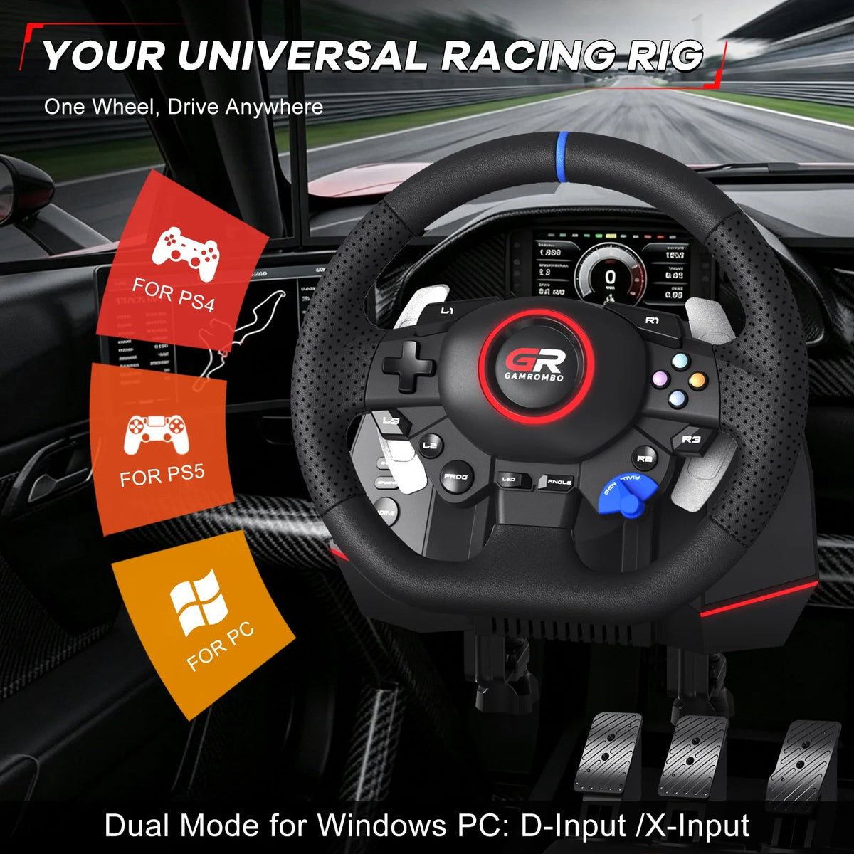 RGB Sim Racing Steering Wheel Set for PS5, PS4 & PC – 270°/900° Rotation, Vibration Feedback, Macro Buttons, 3 Hall Effect Pedals & Gear Shifter - Apex DriverAccessoire de sim-racingApex Driver