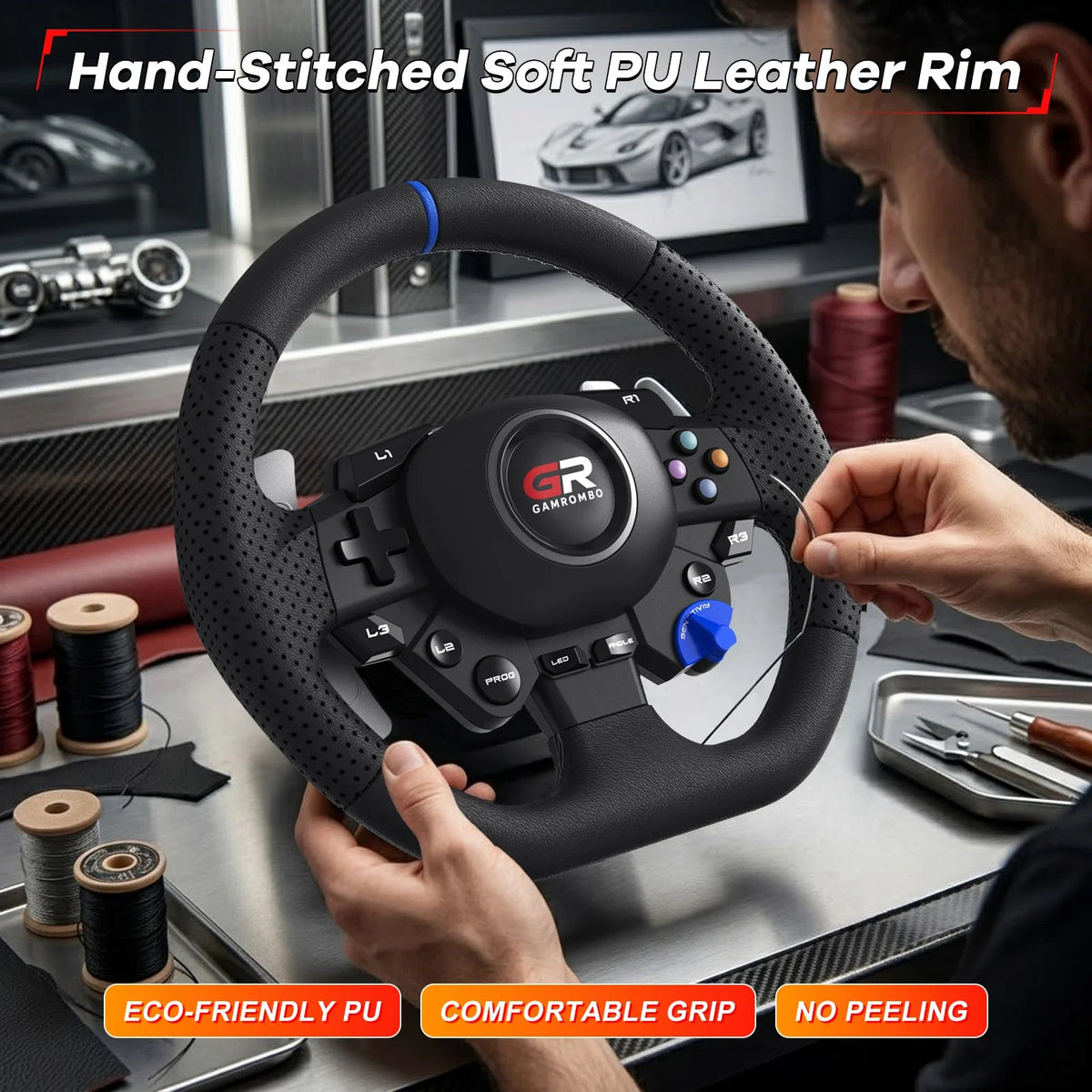 RGB Sim Racing Steering Wheel Set for PS5, PS4 & PC – 270°/900° Rotation, Vibration Feedback, Macro Buttons, 3 Hall Effect Pedals & Gear Shifter - Apex DriverAccessoire de sim-racingApex Driver