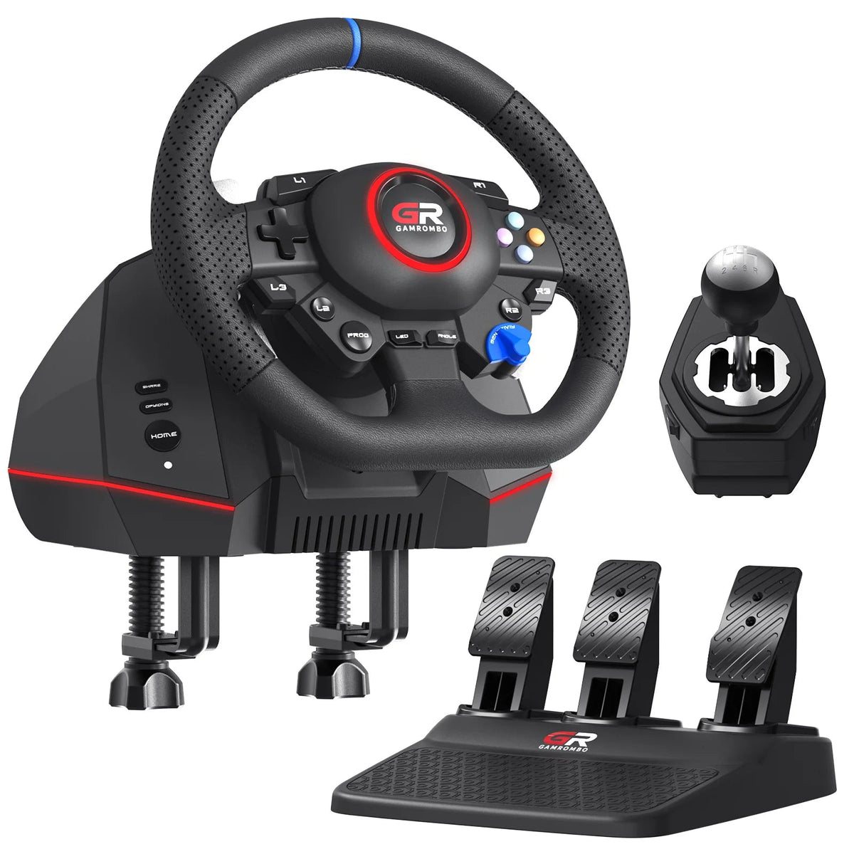 RGB Sim Racing Steering Wheel Set for PS5, PS4 & PC – 270°/900° Rotation, Vibration Feedback, Macro Buttons, 3 Hall Effect Pedals & Gear Shifter - Apex DriverAccessoire de sim-racingApex Driver