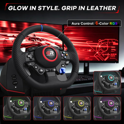 RGB Sim Racing Steering Wheel Set for PS5, PS4 & PC – 270°/900° Rotation, Vibration Feedback, Macro Buttons, 3 Hall Effect Pedals & Gear Shifter - Apex DriverAccessoire de sim-racingApex Driver