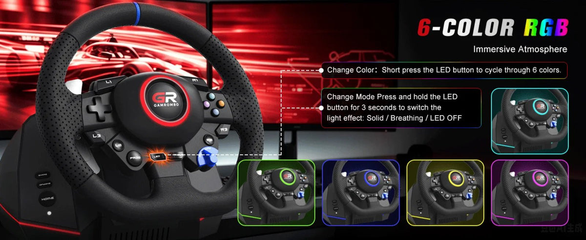 RGB Sim Racing Steering Wheel Set for PS5, PS4 & PC – 270°/900° Rotation, Vibration Feedback, Macro Buttons, 3 Hall Effect Pedals & Gear Shifter - Apex DriverAccessoire de sim-racingApex Driver