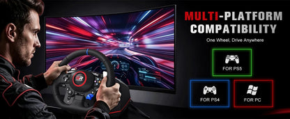 RGB Sim Racing Steering Wheel Set for PS5, PS4 & PC – 270°/900° Rotation, Vibration Feedback, Macro Buttons, 3 Hall Effect Pedals & Gear Shifter - Apex DriverAccessoire de sim-racingApex Driver