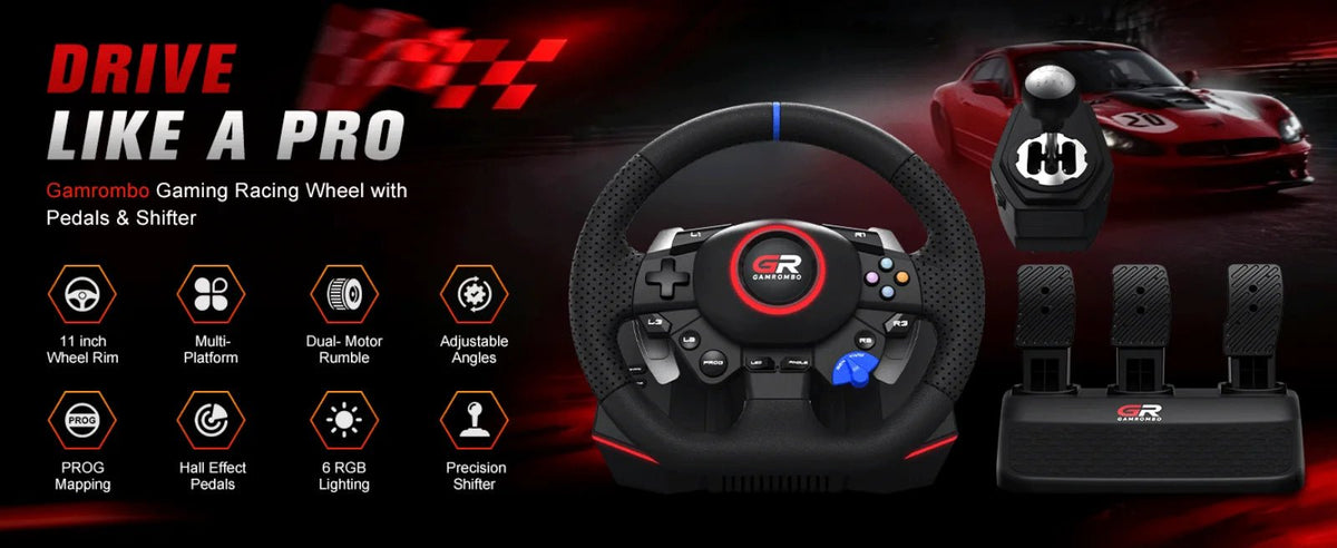 RGB Sim Racing Steering Wheel Set for PS5, PS4 & PC – 270°/900° Rotation, Vibration Feedback, Macro Buttons, 3 Hall Effect Pedals & Gear Shifter - Apex DriverAccessoire de sim-racingApex Driver