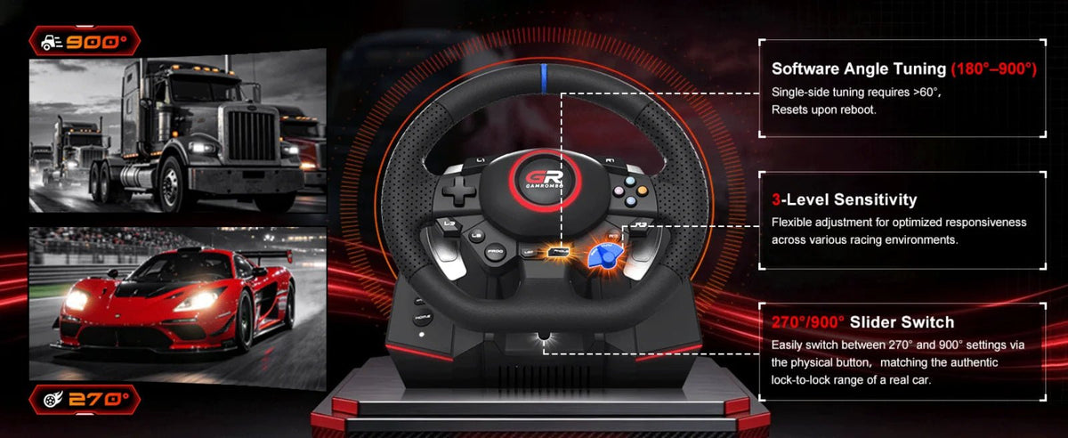RGB Sim Racing Steering Wheel Set for PS5, PS4 & PC – 270°/900° Rotation, Vibration Feedback, Macro Buttons, 3 Hall Effect Pedals & Gear Shifter - Apex DriverAccessoire de sim-racingApex Driver